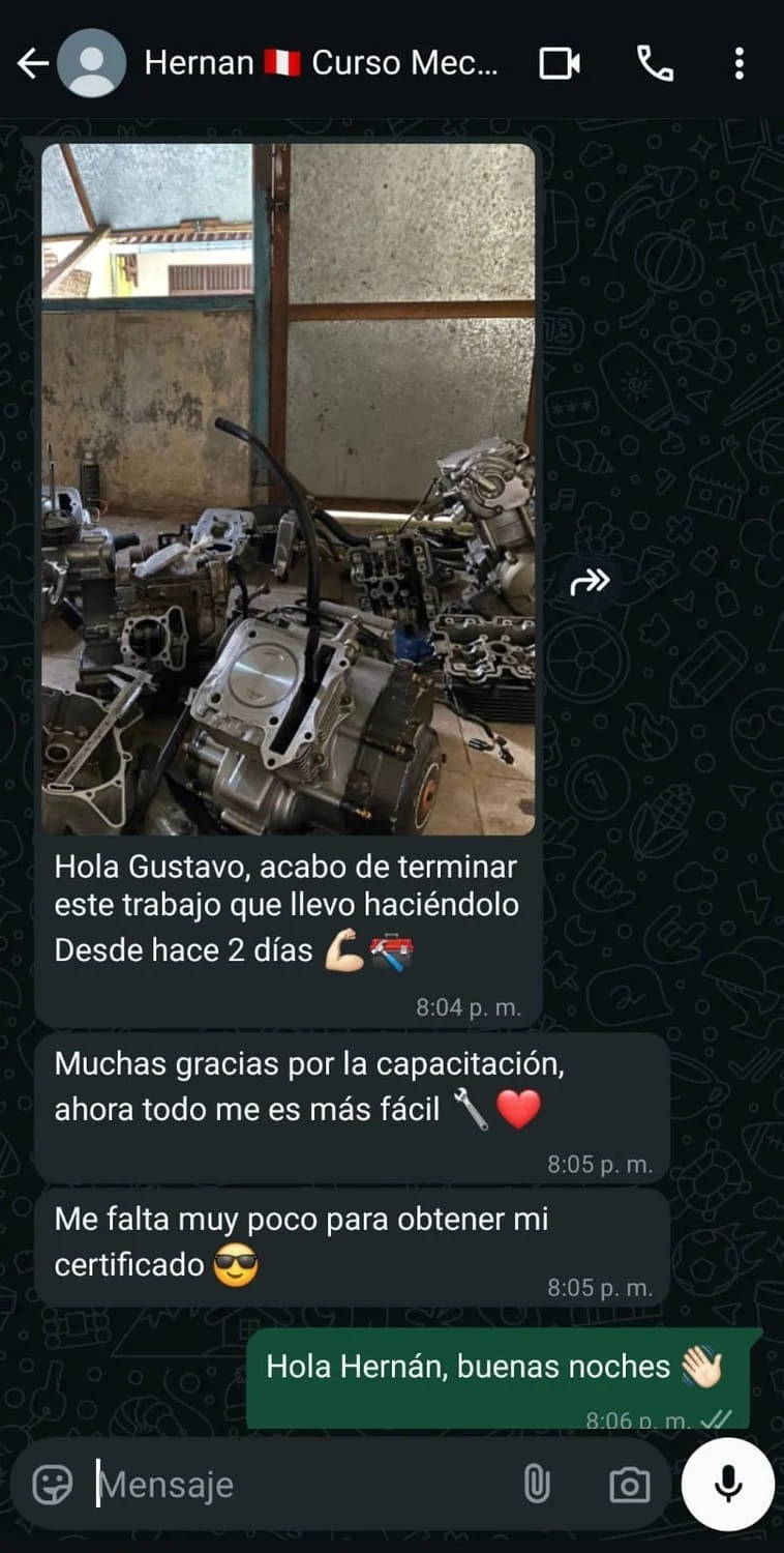 Captura auténtica de conversación sobre trabajo de mecánica compartido por Hernán